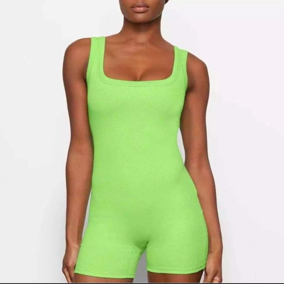 SKIMS Cotton Ribber Romper in Neon Green - Picture 1 of 8